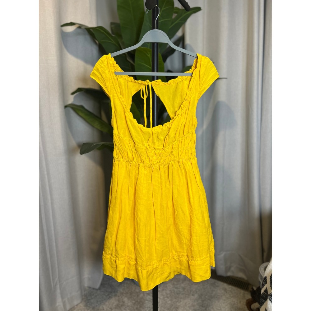Anthropologie Yellow Smocked Open Back Mini Dress Linen Blend Size S NEW